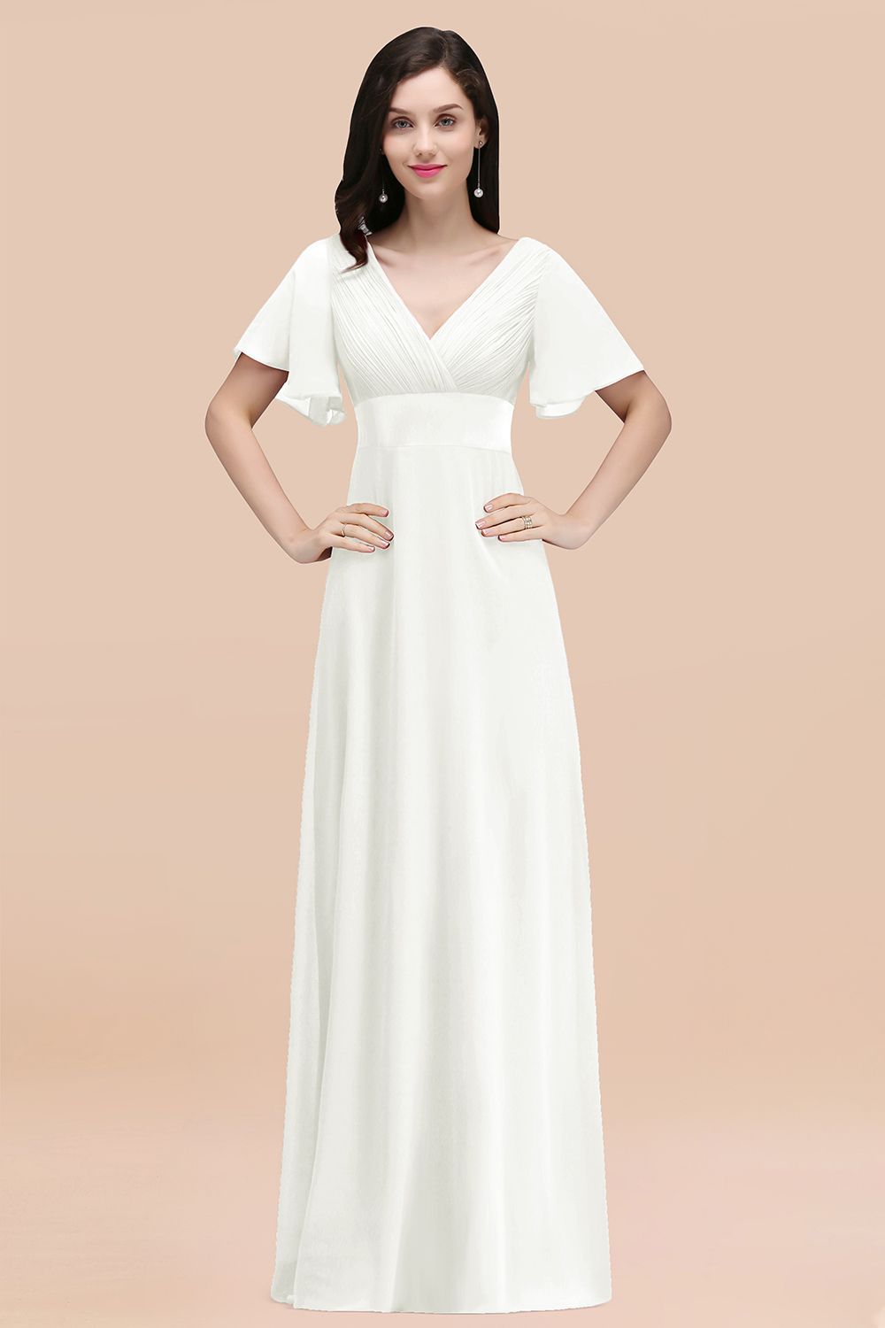BMbridal Affordable V-Neck Ruffle Long Burgundy Bridesmaid Dress With Short-Sleeves-BMbridal