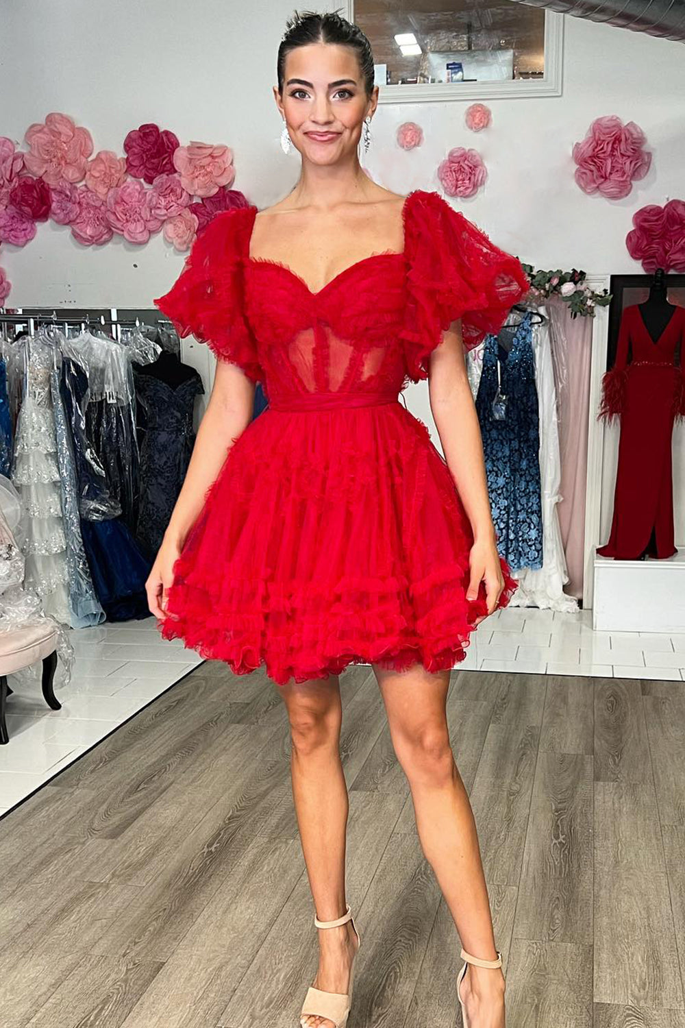 Red Corset A-Line Short Homecoming Dress with Sleeves-BMbridal