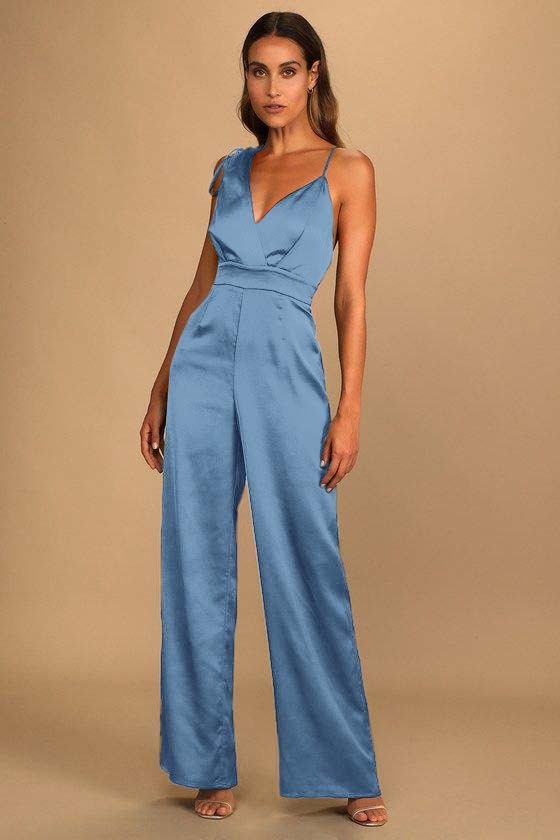 Retro Emerald Green Satin Asymmetrical Wide-Leg Jump Suit