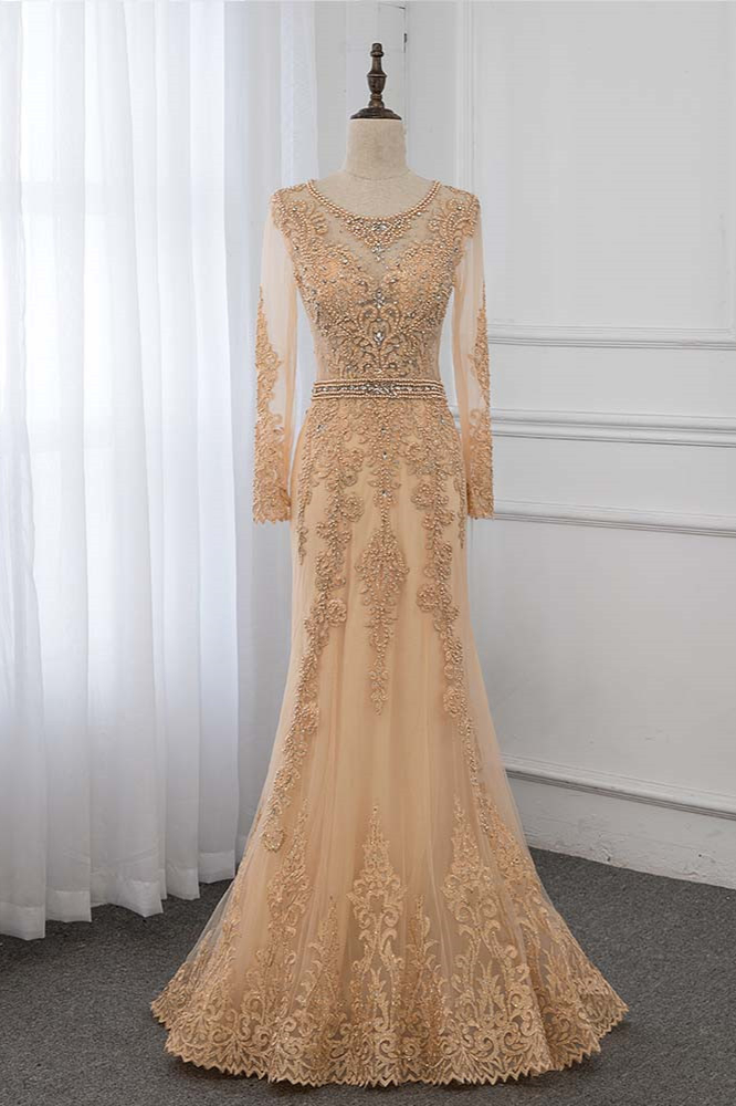 BMbridal Luxury Jewel Long Sleeves Mermaid Prom Dresses with Rhinestone Appliques Online