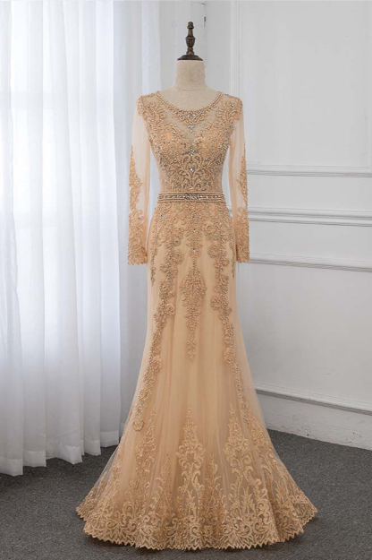 BMbridal Luxury Jewel Long Sleeves Mermaid Prom Dresses with Rhinestone Appliques Online