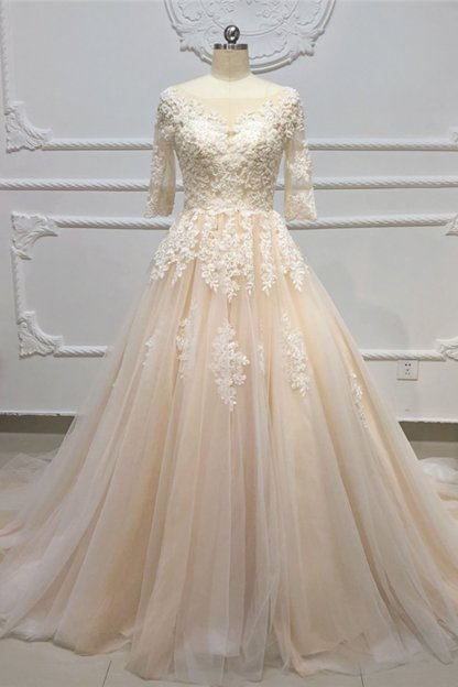 BMbridal Gorgeous Champagne Tulle Half Sleeve Long Wedding Dress White Lace Applique Bridal Gowns On Sale-BMbridal