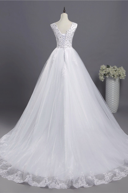 BMbridal Glamorous V-Neck Sequins White Tulle Wedding Dress Sleevels Lace Appliques Bridal Gowns On Sale-BMbridal