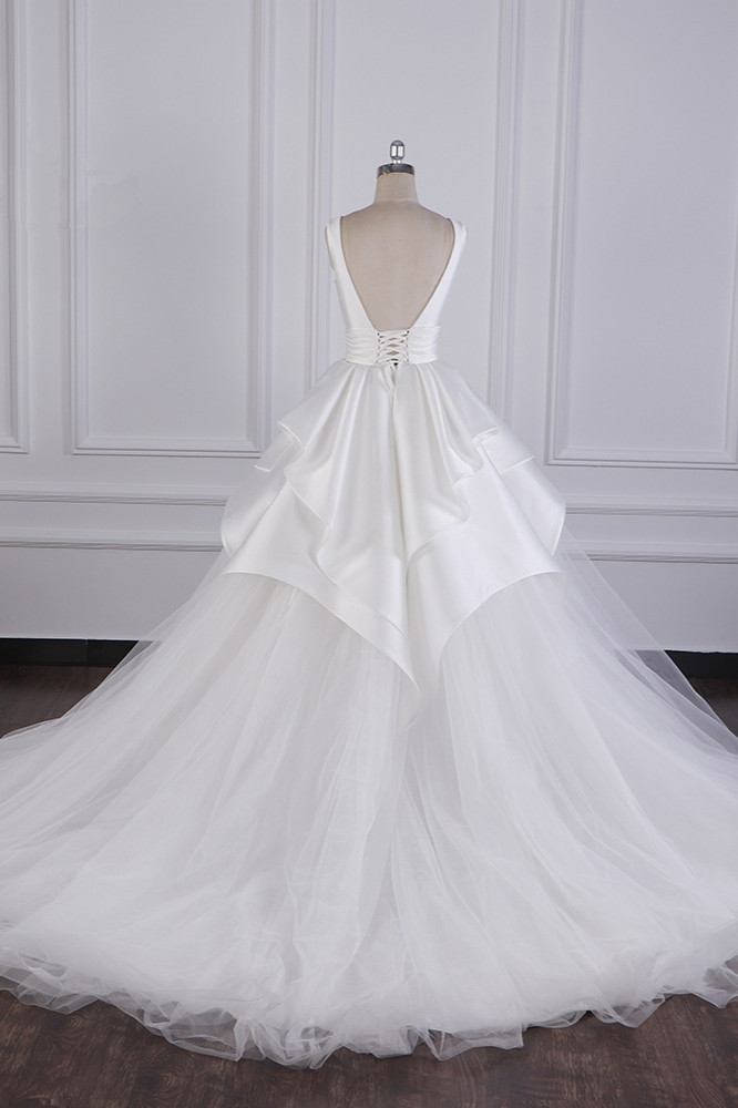 BMbridal Chic Ball Gown Jewel Layers Tulle Wedding Dress White Sleeveless Ruffles Bridal Gowns Online-BMbridal