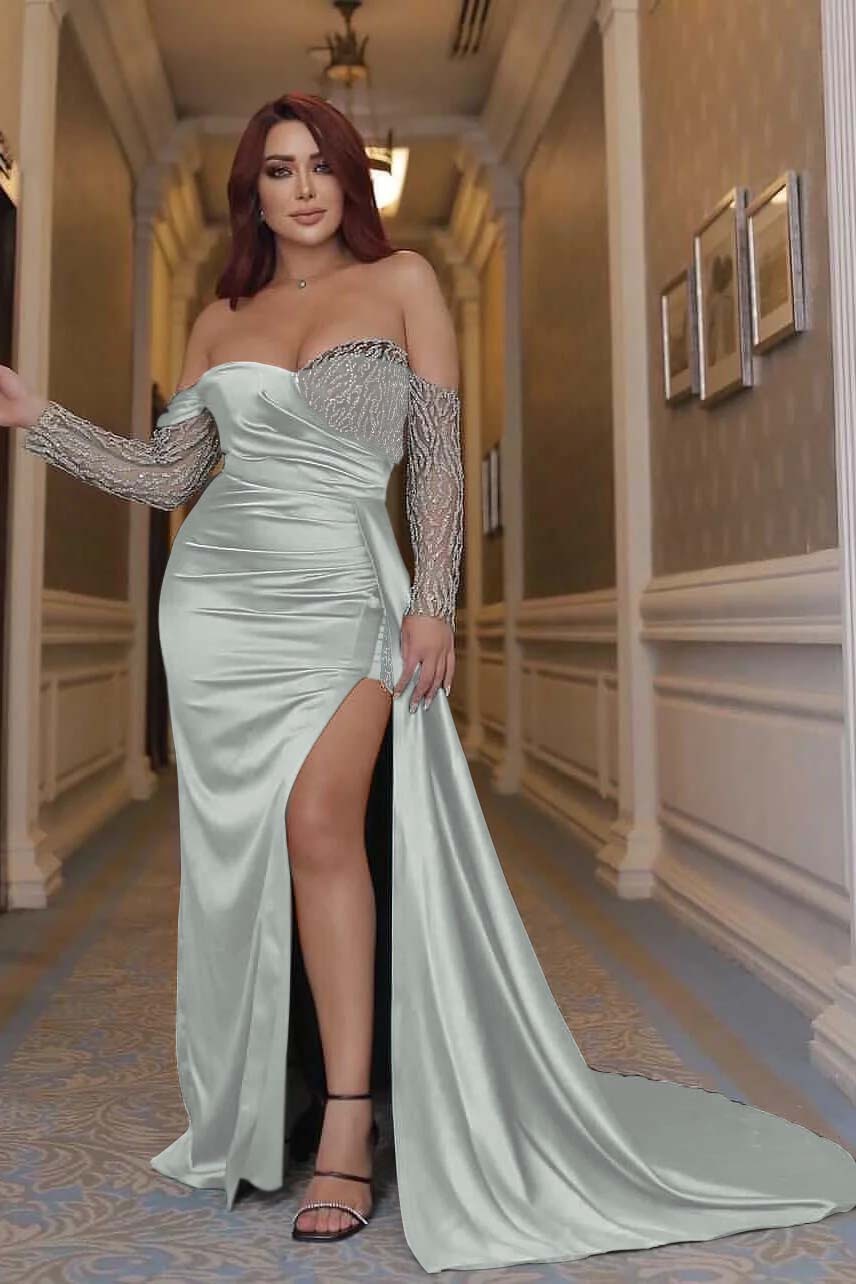 Sexy Emerald Green Off the Shoulder Long Sleeves Mermaid Prom Dress With Beading Split