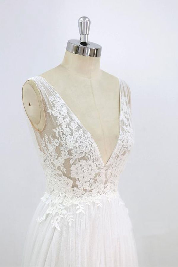 BMbridal Sexy V-neck Sleeveless Straps Wedding Dresses White Tulle Ruffles Lace Bridal Gowns Online