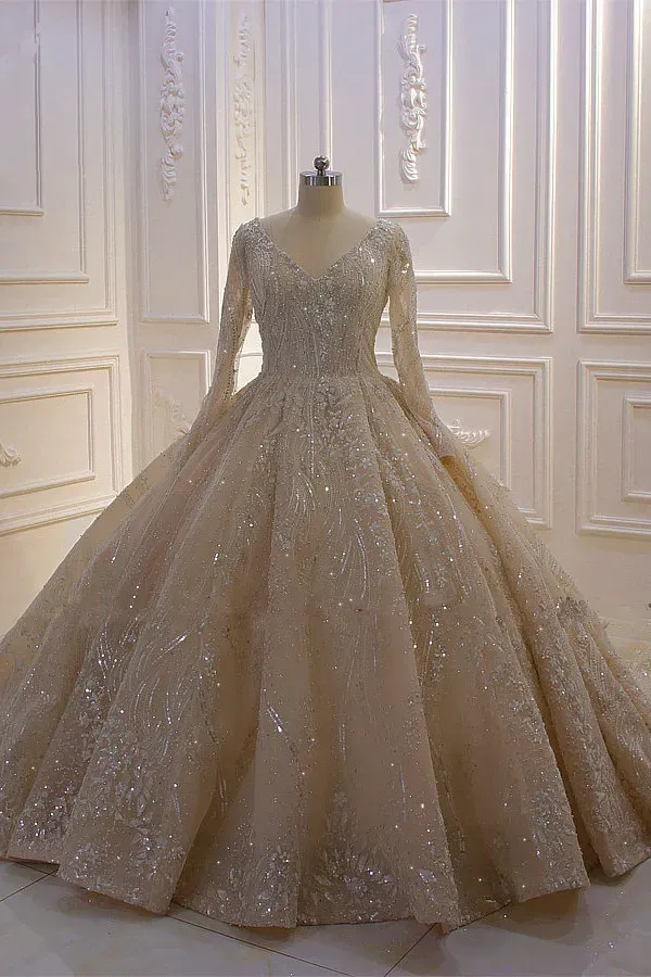 Beautiful Long Sleeves V-Neck Ball Gown Wedding Dress with Sequins Beading Ruffles