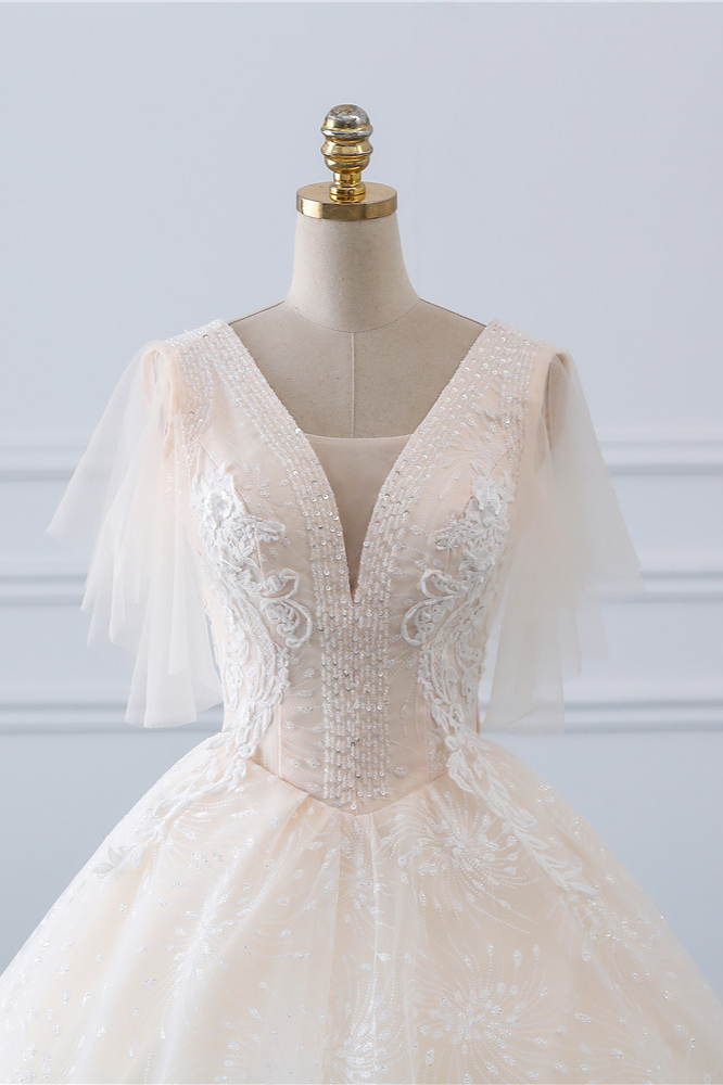BMbridal Gorgeous Ball Gown V-Neck Tulle Beadings Wedding Dress Rhinestones Appliques Bridal Gowns with Short Sleeves On Sale-BMbridal