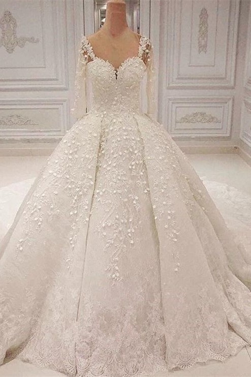 BMbridal Unique Halfsleeves Straps White Wedding Dresses With Appliques A-line Lace Bridal Gowns On Sale-BMbridal