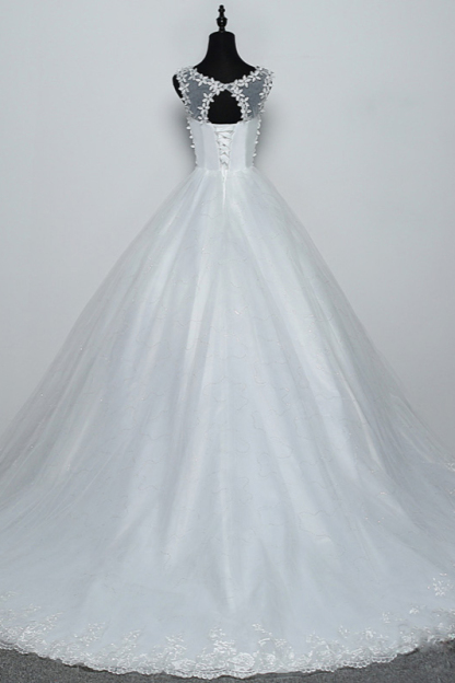 BMbridal Elegant Jewel White Tulle Ball Gown Wedding Dresses Sleeveless Appliques Bridal Gowns with Rhinestones-BMbridal