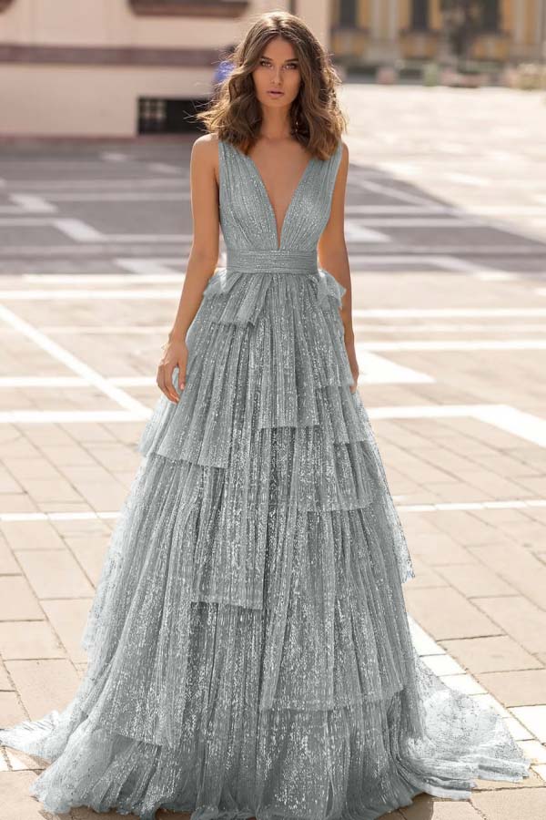 Tulle Straps V Neck Sleeveless Long Prom Dress With Sequin Pleated