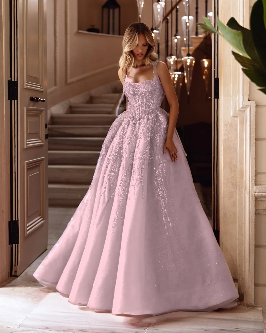 Spaghetti Strap Sleeveless Long A Line Prom Dress With Beading