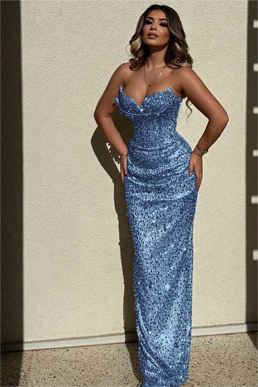 Chic Sequins Strapless Sleeveless High Waist Long Prom Dress With Beadings