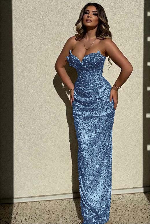 Chic Sequins Strapless Sleeveless High Waist Long Prom Dress With Beadings