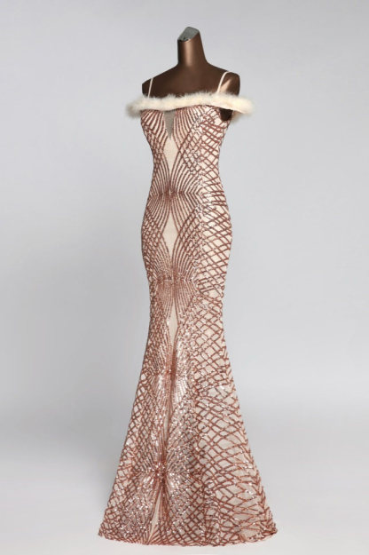 BMbridal Glamorous Sequined Off-the-Shoulder Mermaid Prom Dresses with Fur