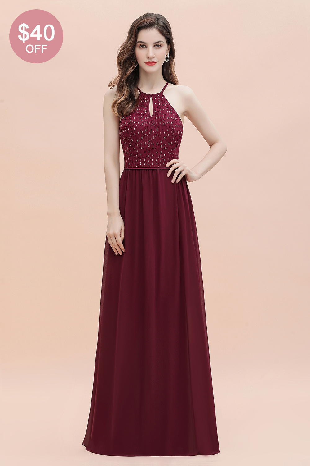 BMbridal Glamorous Halter A-line Bridesmaid Dress Chiffon Sequins Elegant Party Maxi Dress-BMbridal