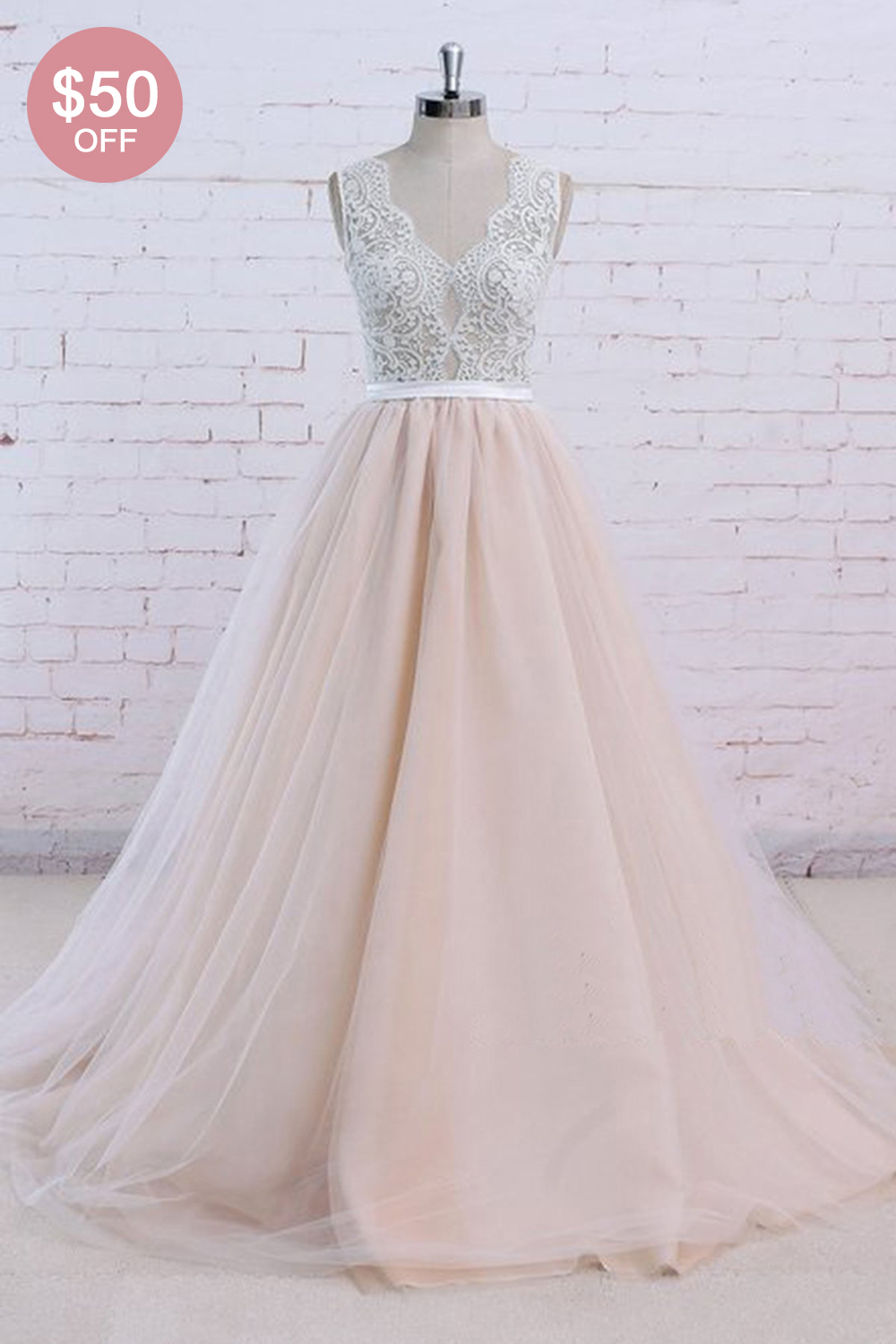 BMbridal AffordableBlush Pink Tulle Wedding Dress Ivory Lace V-Neck Vintage Bridal Gowns On Sale-BMbridal