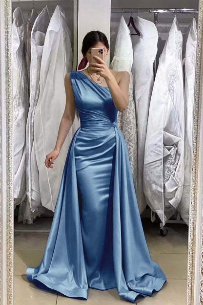 Light Blue Sleeveless Mermaid One Shoulder Long Prom Dress With Detachable Skirt