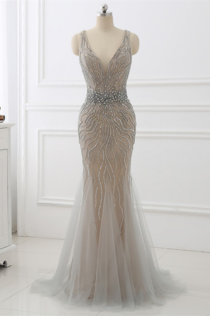 BMbridal Elegant Strap V-Neck Sleeveless Mermaid Prom Dresses with Beadings Ruffles