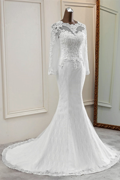 BMbridal Elegant Jewel Long Sleeves White Mermaid Wedding Dresses with Rhinestone Online