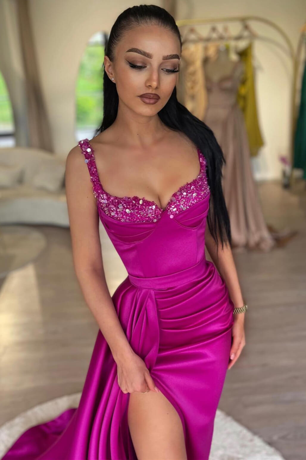 Beautiful Mermaid Spaghetti Straps Sleeveless Rhinestone Satin Prom Dress With Split