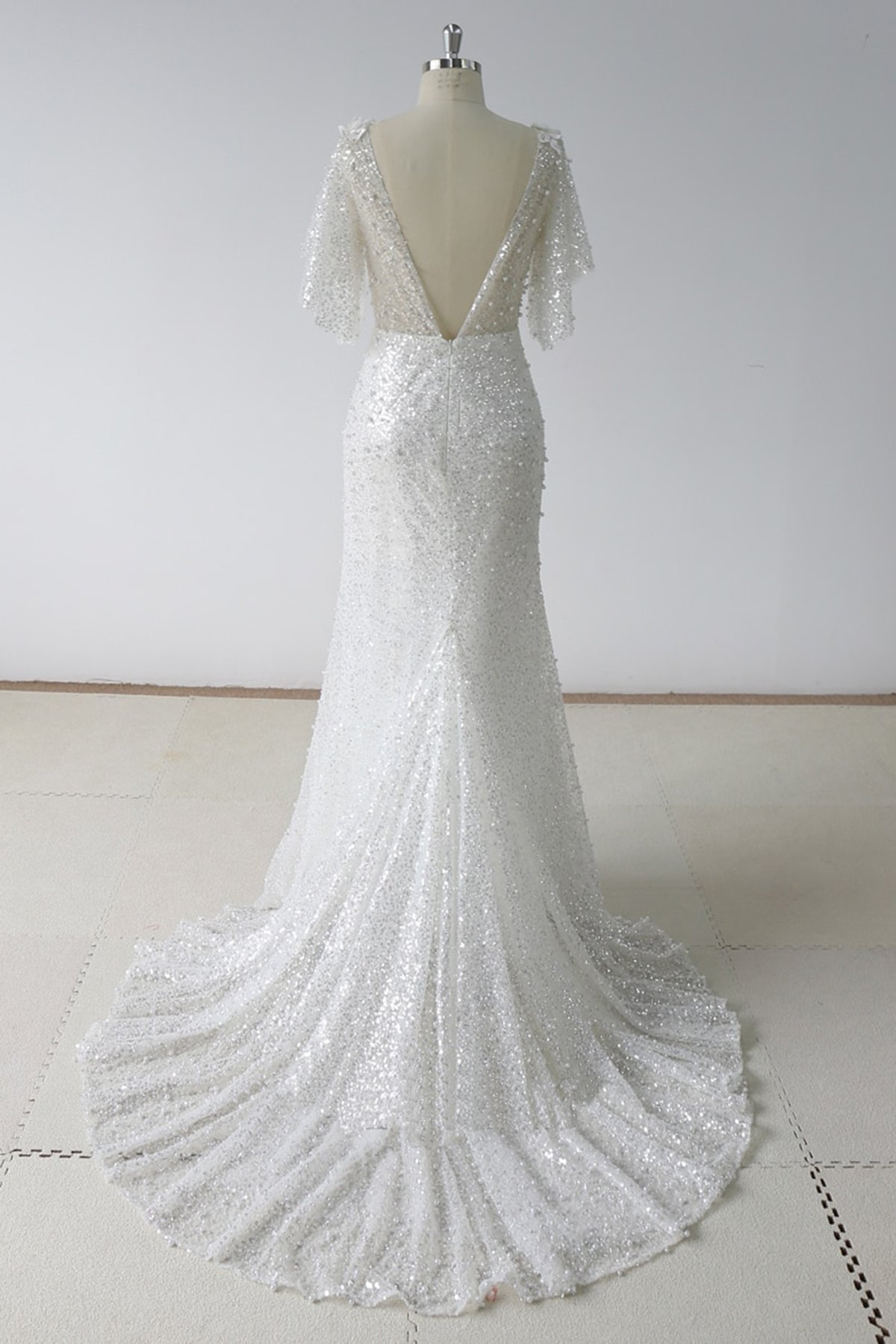 BMbridal Elegant Stunning Sequins White Tulle Wedding Dress Sweep Train Mermaid Short Sleeve Bridal Gowns On Sale-BMbridal