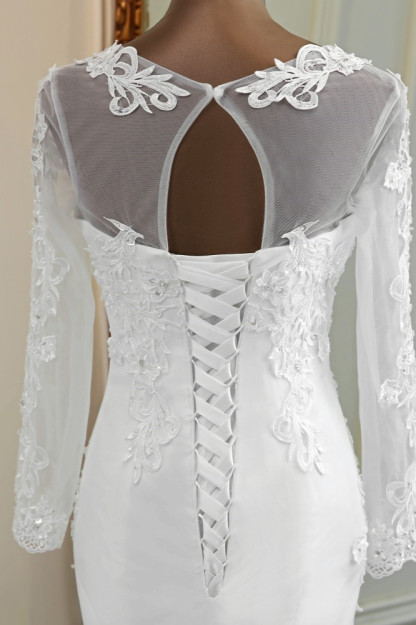 BMbridal Elegant Jewel Lace Mermaid White Wedding Dresses Long Sleeves Appliques Bridal Gowns