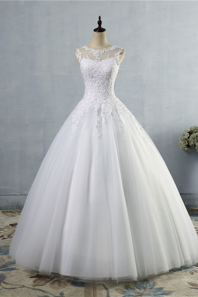 BMbridal Ball Gown Jewel Tulle Lace Wedding Dress White Appliques Sleeveless Bridal Gowns On Sale