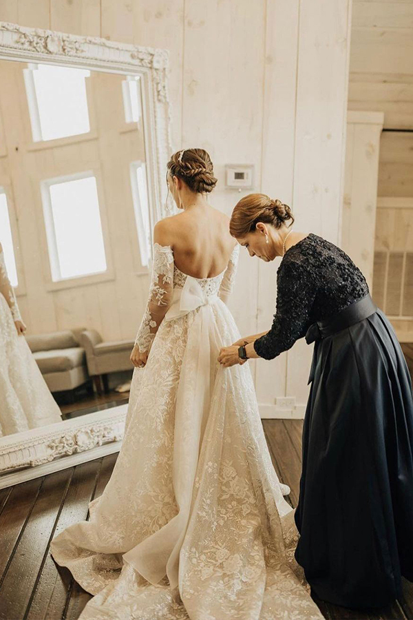Chic A Line Off the Shoulder Long Sleeve Wedding Dress with Bow Lace
