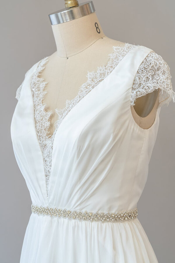 BMbridal Cap Sleeve V-neck Lace Chiffon Sheath Wedding Dress Online-BMbridal