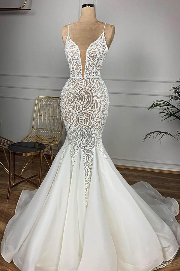 BMbridal Affordable Mermaid Spaghetti Straps Lace Wedding Dresses Ivory Sleeveless Bridal Gowns With Appliques Online-BMbridal