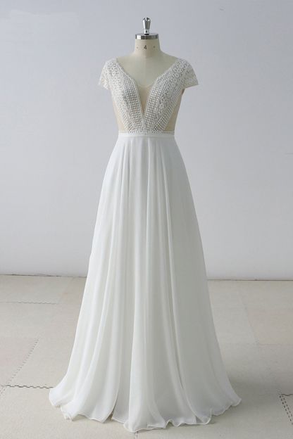 BMbridal Gorgeous White Lace Backless V-Neck Long Wedding Dress Sleeveless Appliques Bridal Gowns On Sale-BMbridal