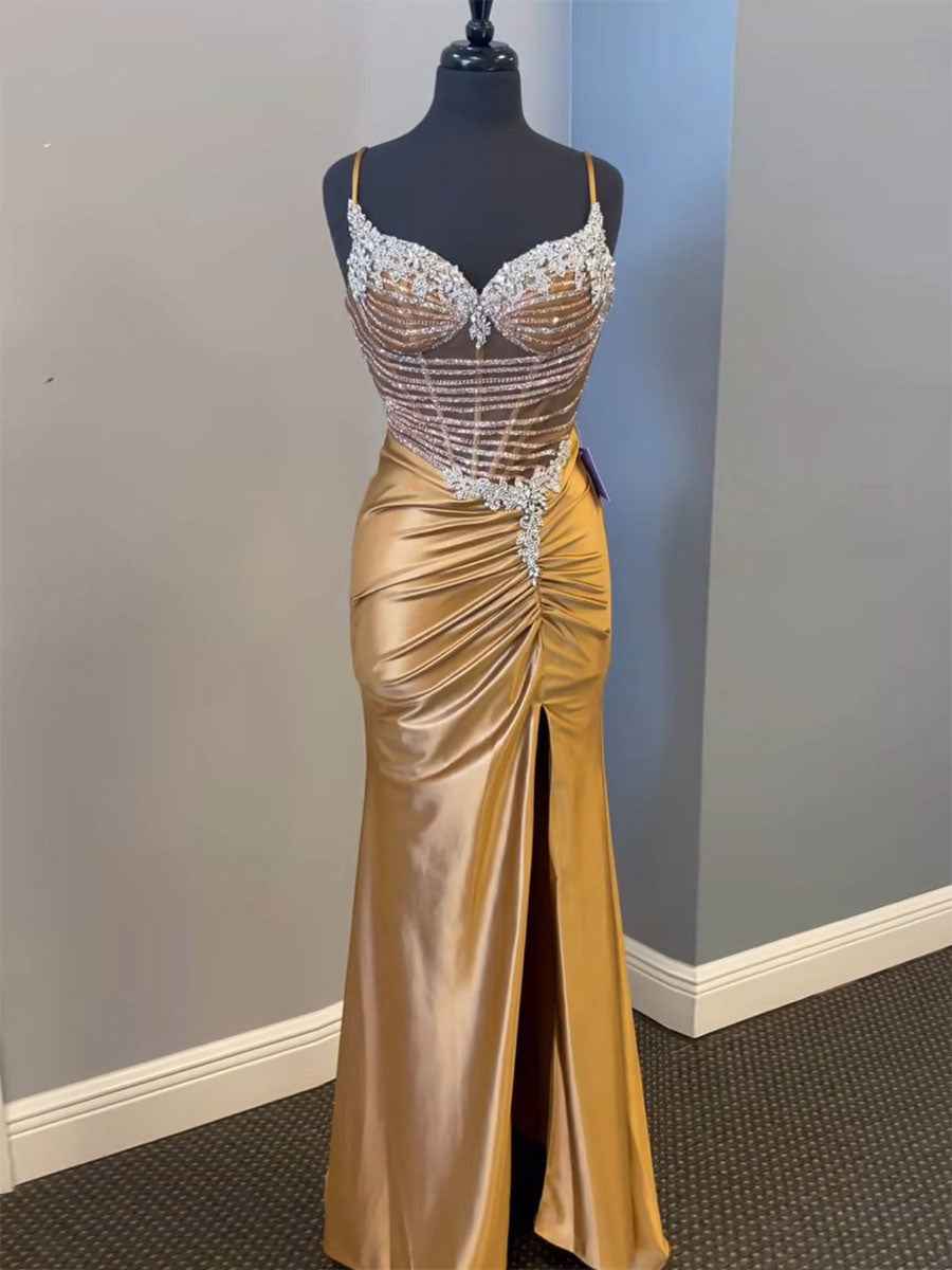 Gold Liquid Beaded Bodice Satin Prom Dress with Slit
