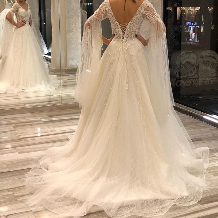 Gorgeous Short Sleeves Backless Floor-Length A-Line Deep V-Neck Wedding Dress with Appliques Lace Pearl