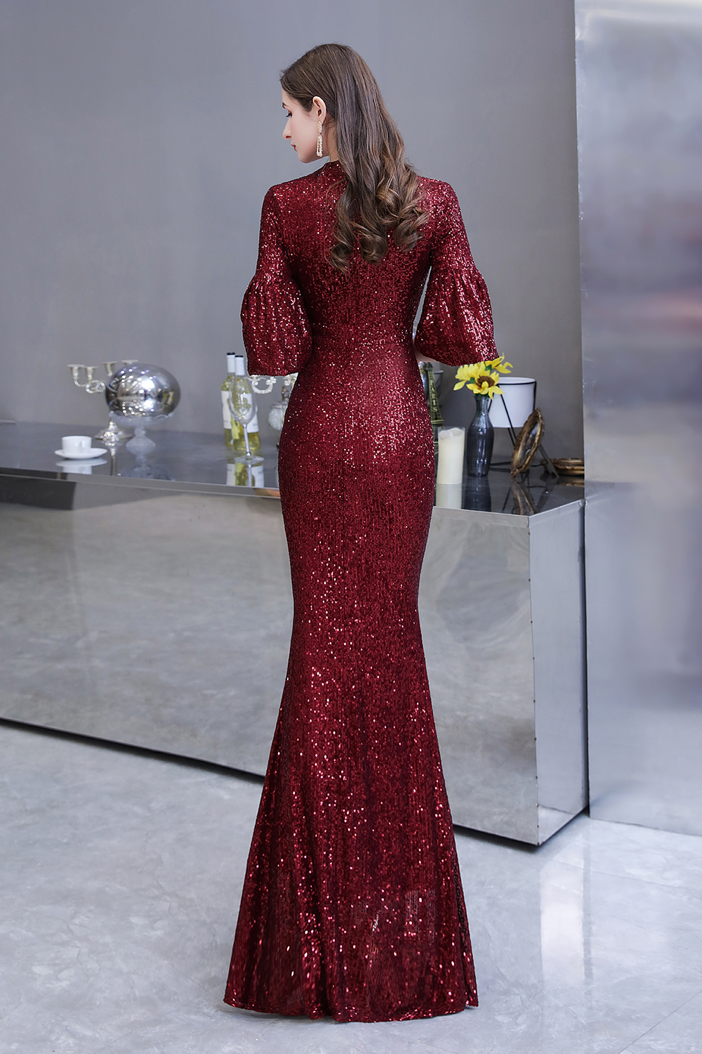 BMbridal Burgundy Half Sleeve Sequins Prom Dress Long Party Gowns Online