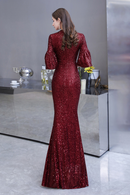 BMbridal Burgundy Half Sleeve Sequins Prom Dress Long Party Gowns Online