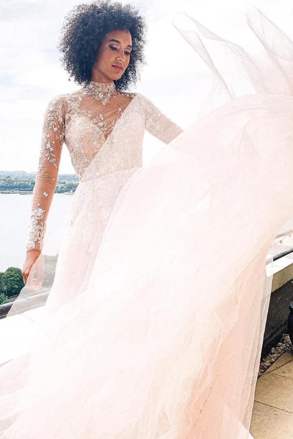 Bmbridal Champagne High Neck Wedding Dress Long Sleeves With Appliques-BMbridal