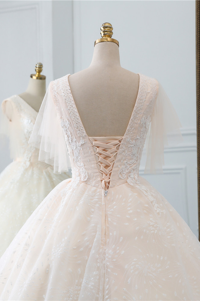 BMbridal Gorgeous Ball Gown V-Neck Tulle Beadings Wedding Dress Rhinestones Appliques Bridal Gowns with Short Sleeves On Sale-BMbridal
