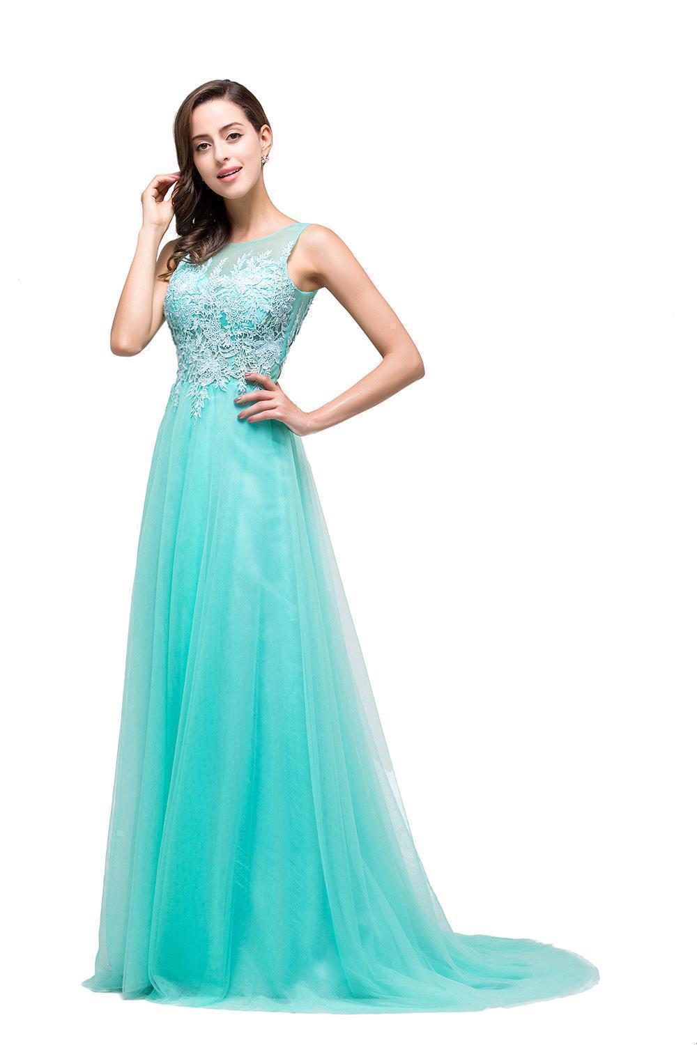 BMbridal A-line Court Train Tulle Evening Dress with Appliques-BMbridal