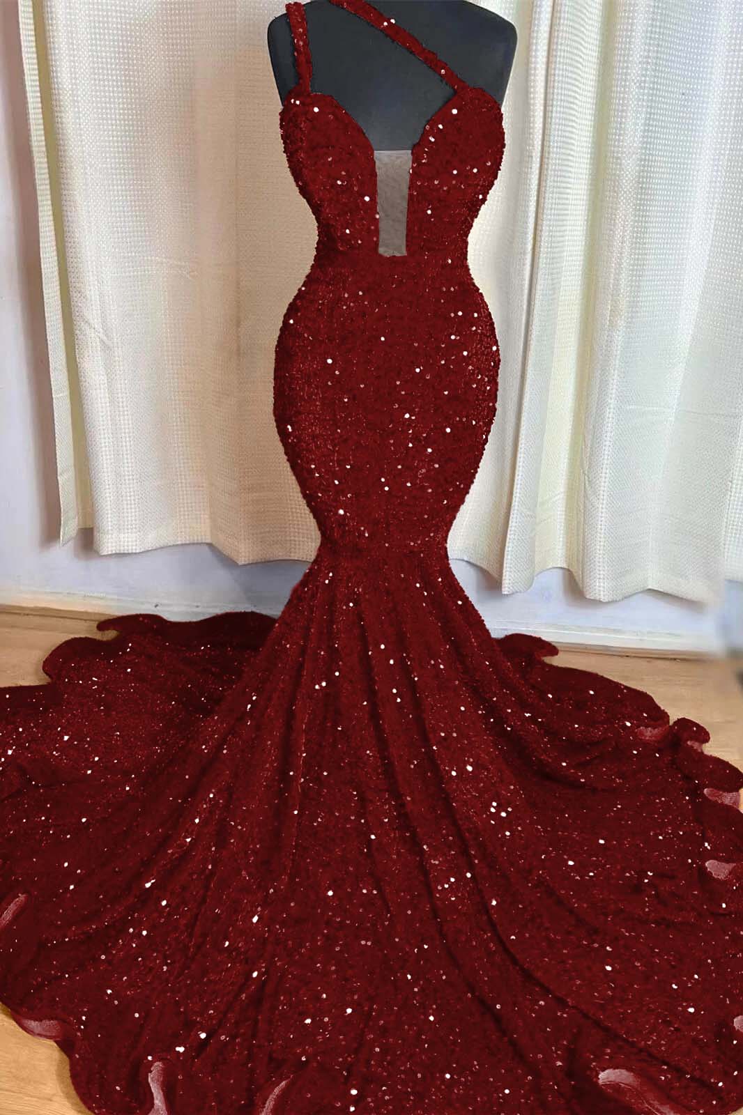 Red Mermaid Sleeveless One Shoulder Prom Dress Sweetheart Elegant Sequins