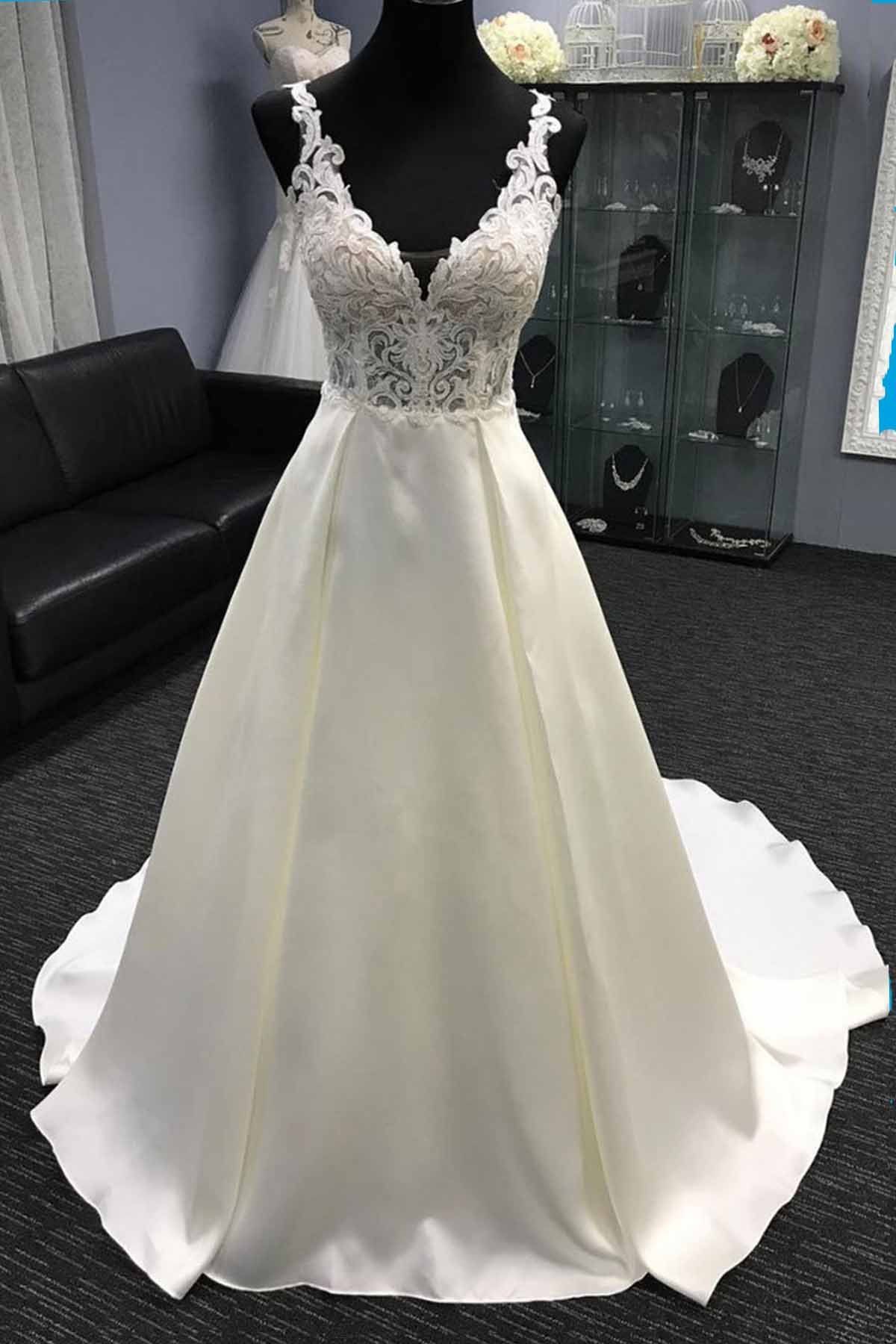 BMbridal Glamorous White Satin V-Neck Wedding Dress A-Line Halter Bridal Gowns On Sale