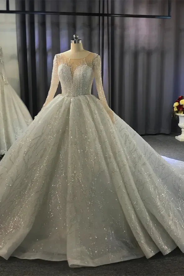 Glamorous Bateau Long Sleeves Floor-Length Ball Gown Wedding Dress with Ruffles