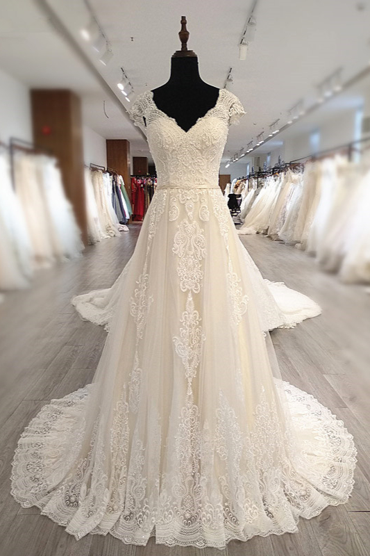 BMbridal Gorgeous V-Neck Cap Sleeves Tulle Wedding Dress Lace Appliques Ruffle Bridal Gowns Online-BMbridal