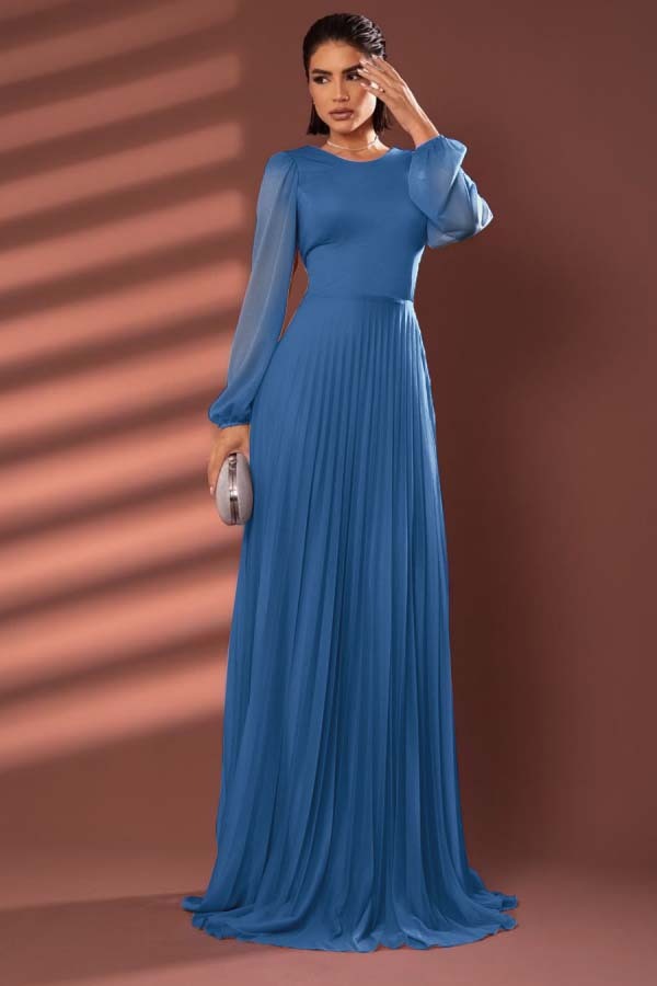 Chiffon Jewel Neck Long Sleeves Long Prom Dress With Pleated