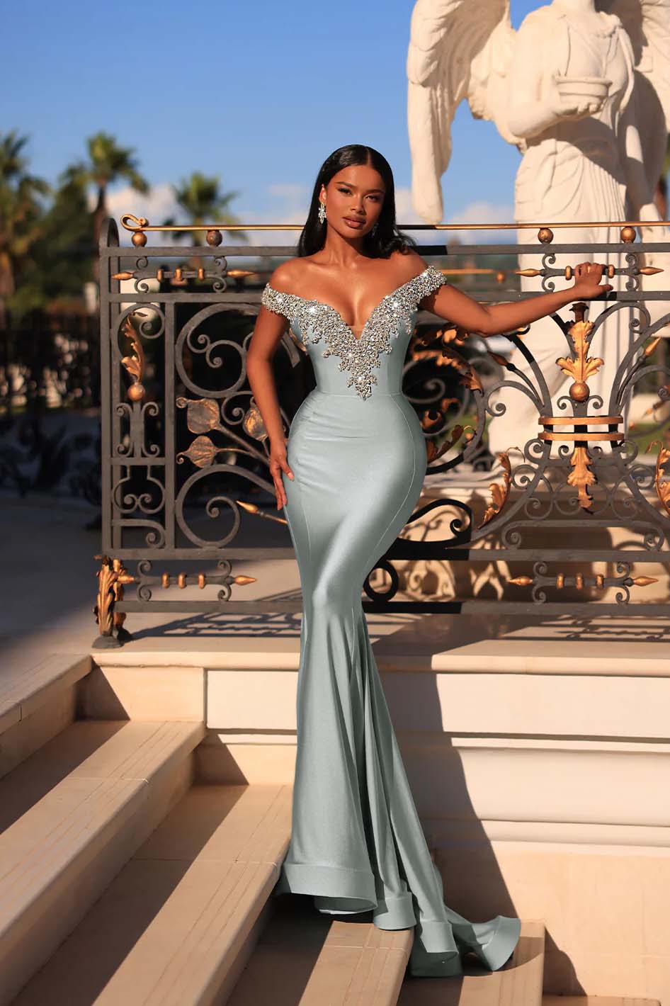 Off the Shoulder Sleeveless Long Mermaid Prom Dress With Beading