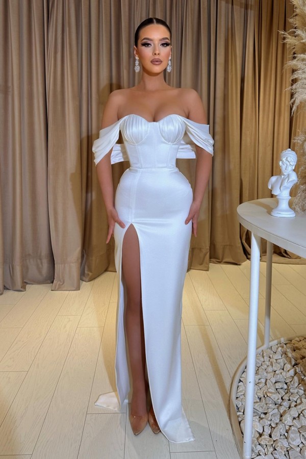 Bmbridal Off-the-Shoulder White Prom Dress Mermaid Slit