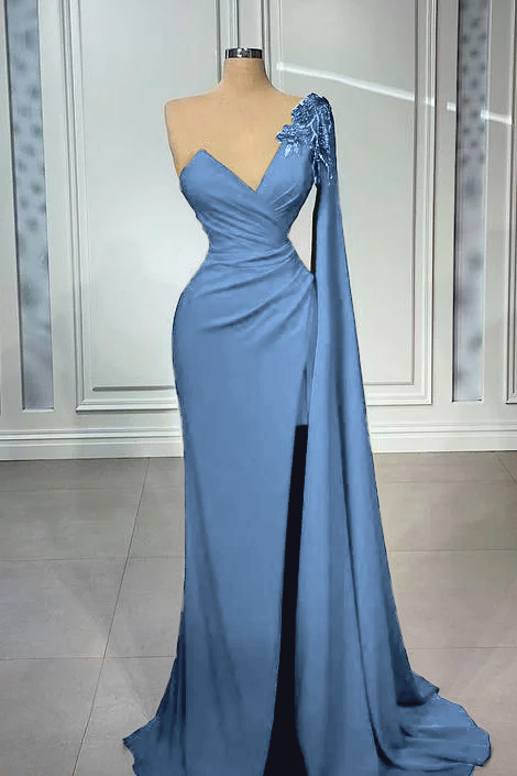 One Shoulder V Neck Mermaid Prom Pleated Dress Red Long Appliques With Ruffles