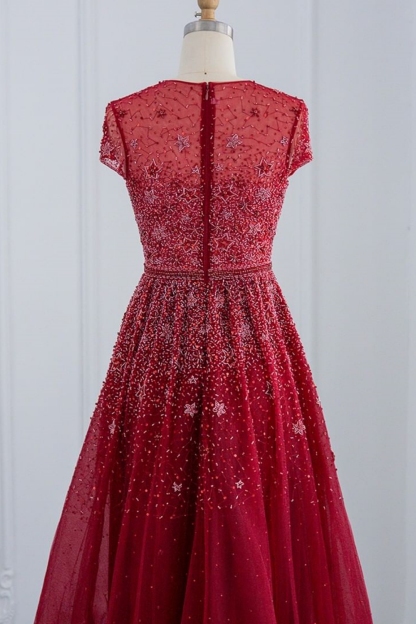 Bmbridal Red A-Line Short Sleeves Floor-Length Prom Dresses with Beadings