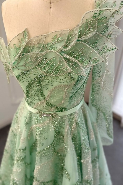 Bmbridal A-Line Champagne Strapless Tulle One Shoulder Prom Dresses with Ruffles