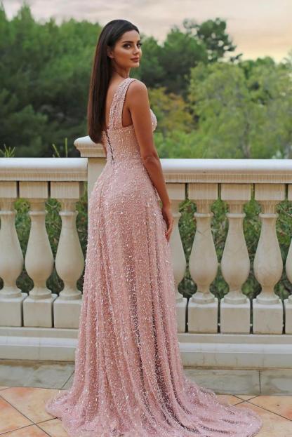 Glamorous Mermaid Sequined V-Neck One-Shoulder Sleeveless Prom Dresses with Slit